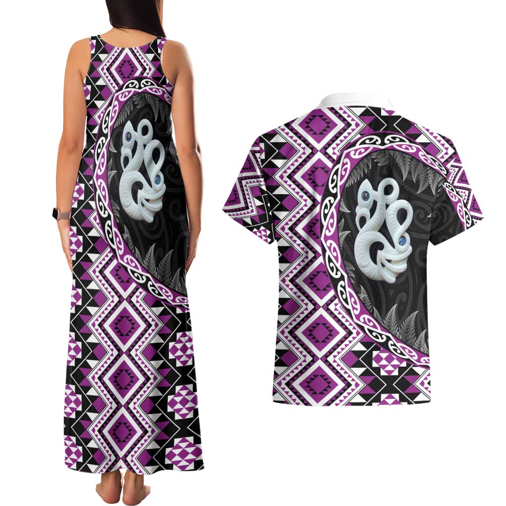 Purple Taniko Motif Aotearoa Manaia and Silver Fern Couples Matching Tank Maxi Dress and Hawaiian Shirt LT03 - Polynesian Pride