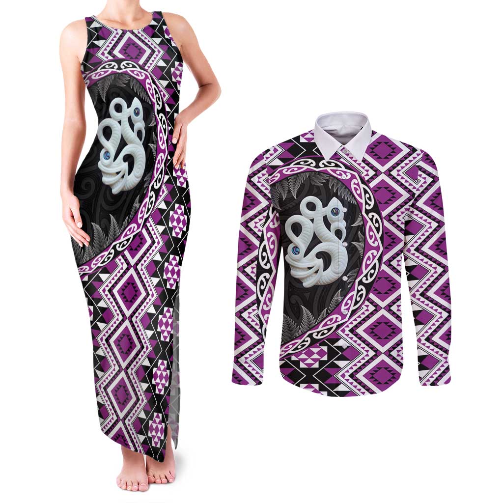 Purple Taniko Motif Aotearoa Manaia and Silver Fern Couples Matching Tank Maxi Dress and Long Sleeve Button Shirt LT03 Purple - Polynesian Pride