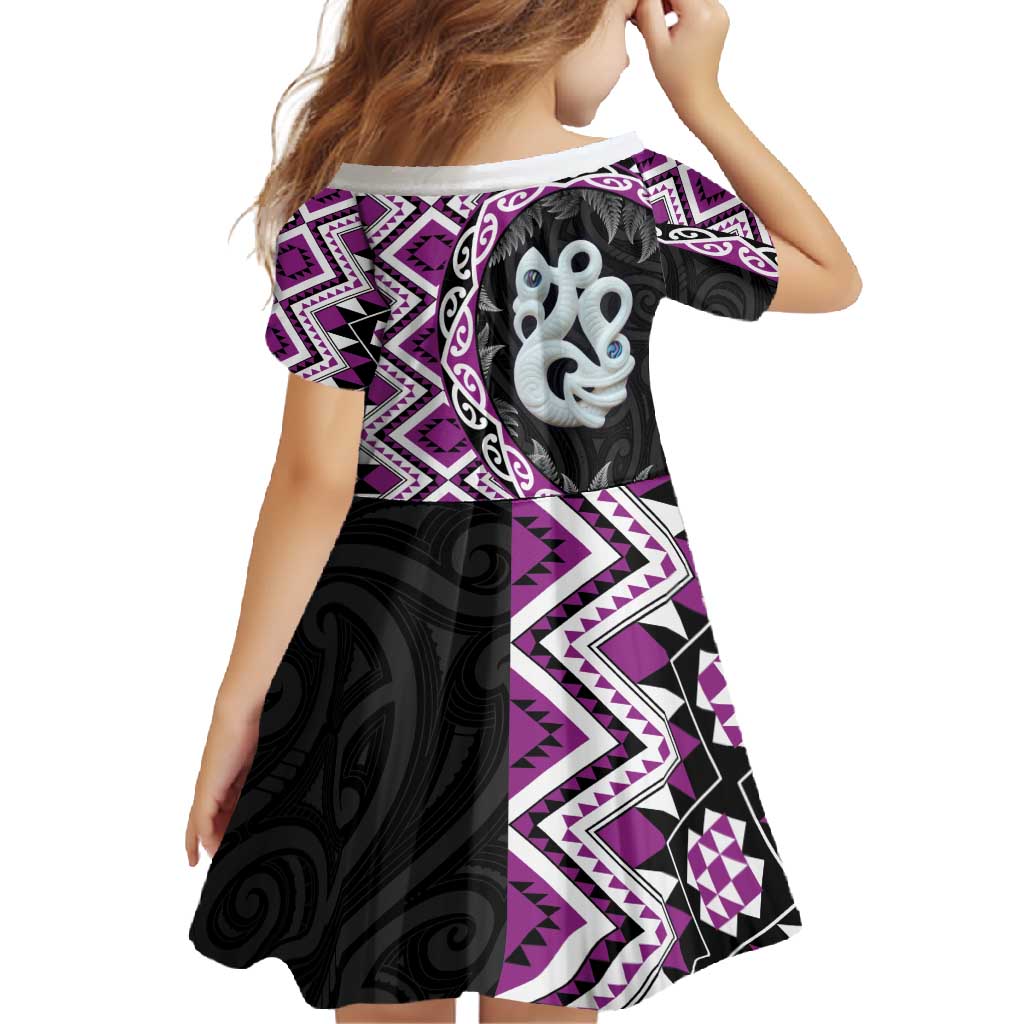 Purple Taniko Motif Aotearoa Manaia and Silver Fern Family Matching Long Sleeve Bodycon Dress and Hawaiian Shirt LT03 - Polynesian Pride
