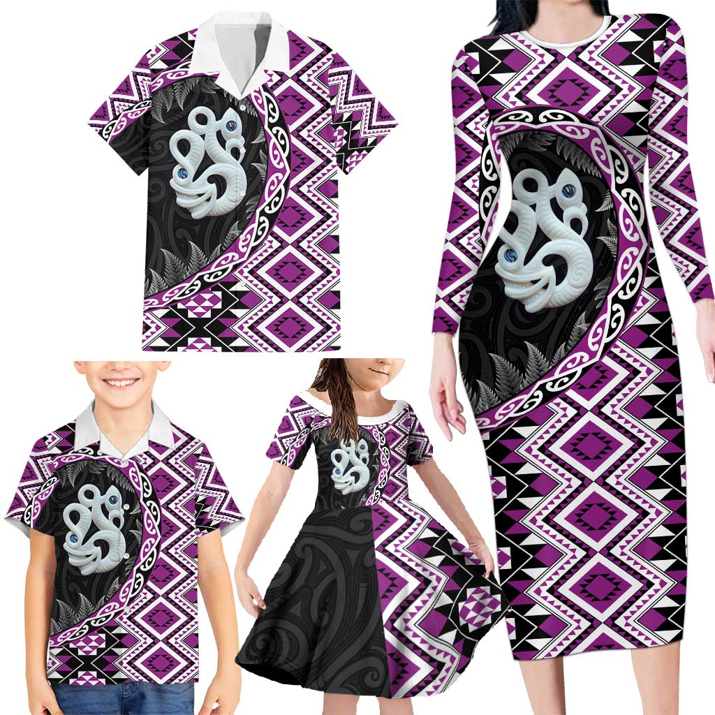Purple Taniko Motif Aotearoa Manaia and Silver Fern Family Matching Long Sleeve Bodycon Dress and Hawaiian Shirt LT03 - Polynesian Pride