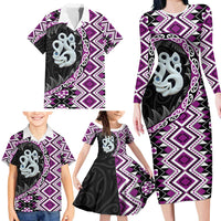 Purple Taniko Motif Aotearoa Manaia and Silver Fern Family Matching Long Sleeve Bodycon Dress and Hawaiian Shirt LT03 - Polynesian Pride