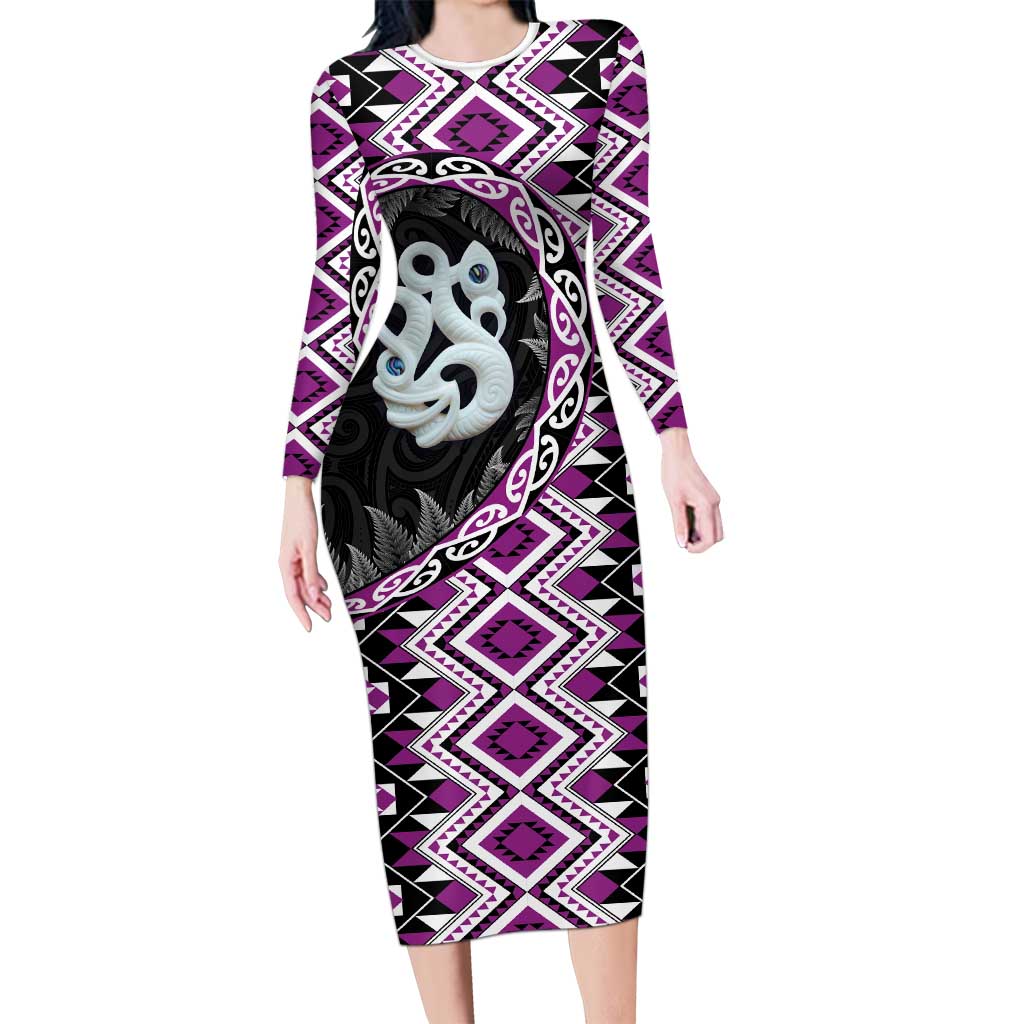 Purple Taniko Motif Aotearoa Manaia and Silver Fern Family Matching Long Sleeve Bodycon Dress and Hawaiian Shirt LT03 Mom's Dress Purple - Polynesian Pride