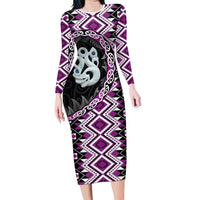 Purple Taniko Motif Aotearoa Manaia and Silver Fern Family Matching Long Sleeve Bodycon Dress and Hawaiian Shirt LT03 Mom's Dress Purple - Polynesian Pride