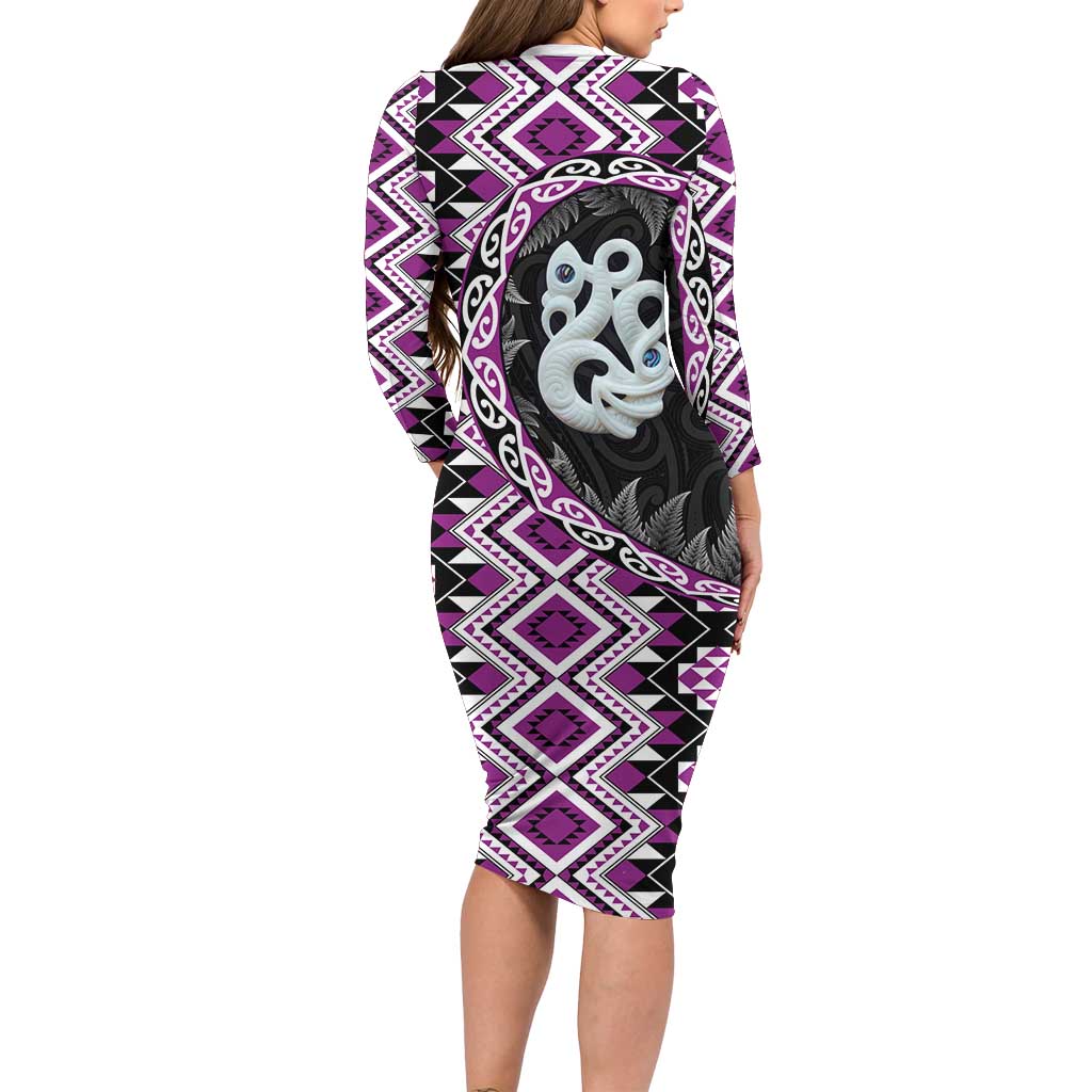 Purple Taniko Motif Aotearoa Manaia and Silver Fern Family Matching Long Sleeve Bodycon Dress and Hawaiian Shirt LT03 - Polynesian Pride