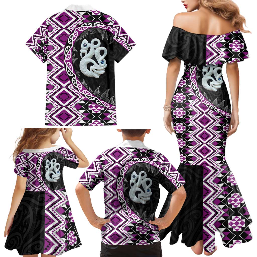 Purple Taniko Motif Aotearoa Manaia and Silver Fern Family Matching Mermaid Dress and Hawaiian Shirt LT03 - Polynesian Pride