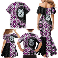 Purple Taniko Motif Aotearoa Manaia and Silver Fern Family Matching Mermaid Dress and Hawaiian Shirt LT03 - Polynesian Pride