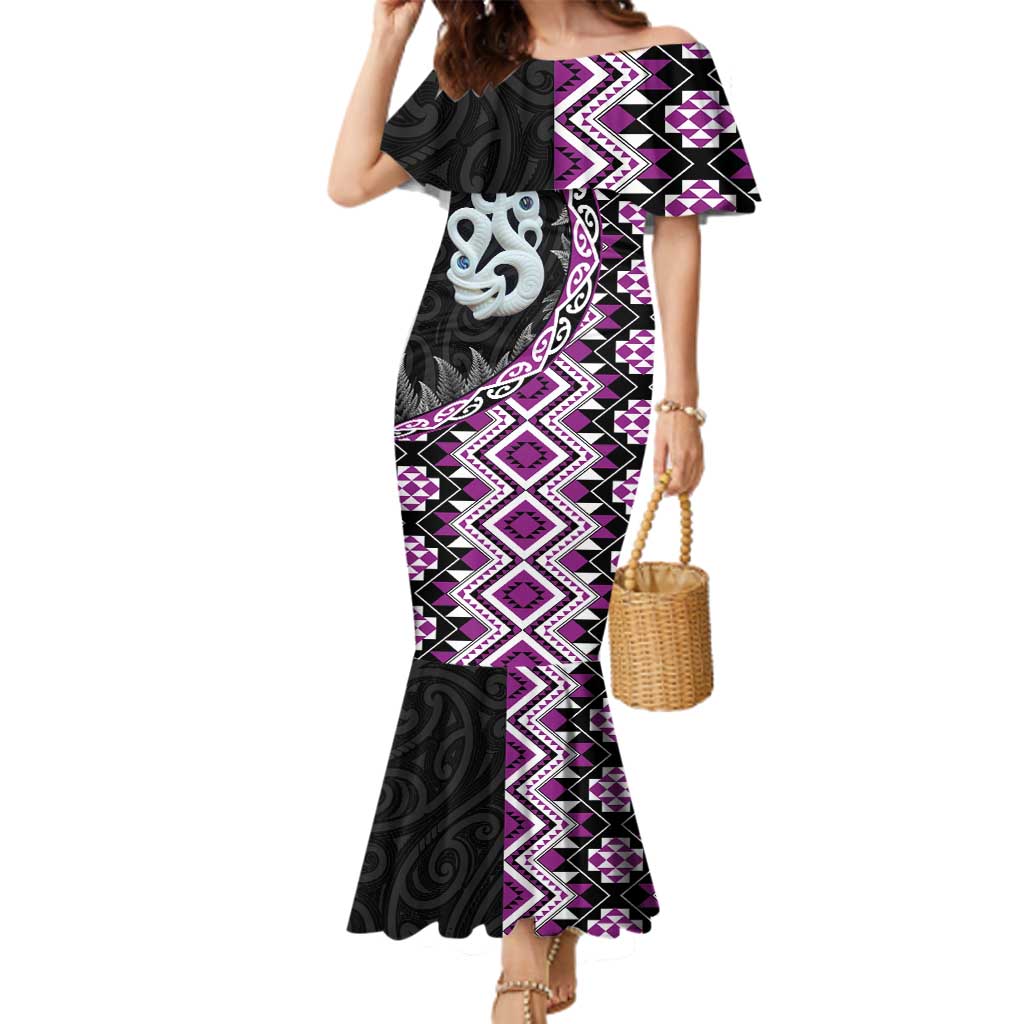 Purple Taniko Motif Aotearoa Manaia and Silver Fern Family Matching Mermaid Dress and Hawaiian Shirt LT03 Mom's Dress Purple - Polynesian Pride