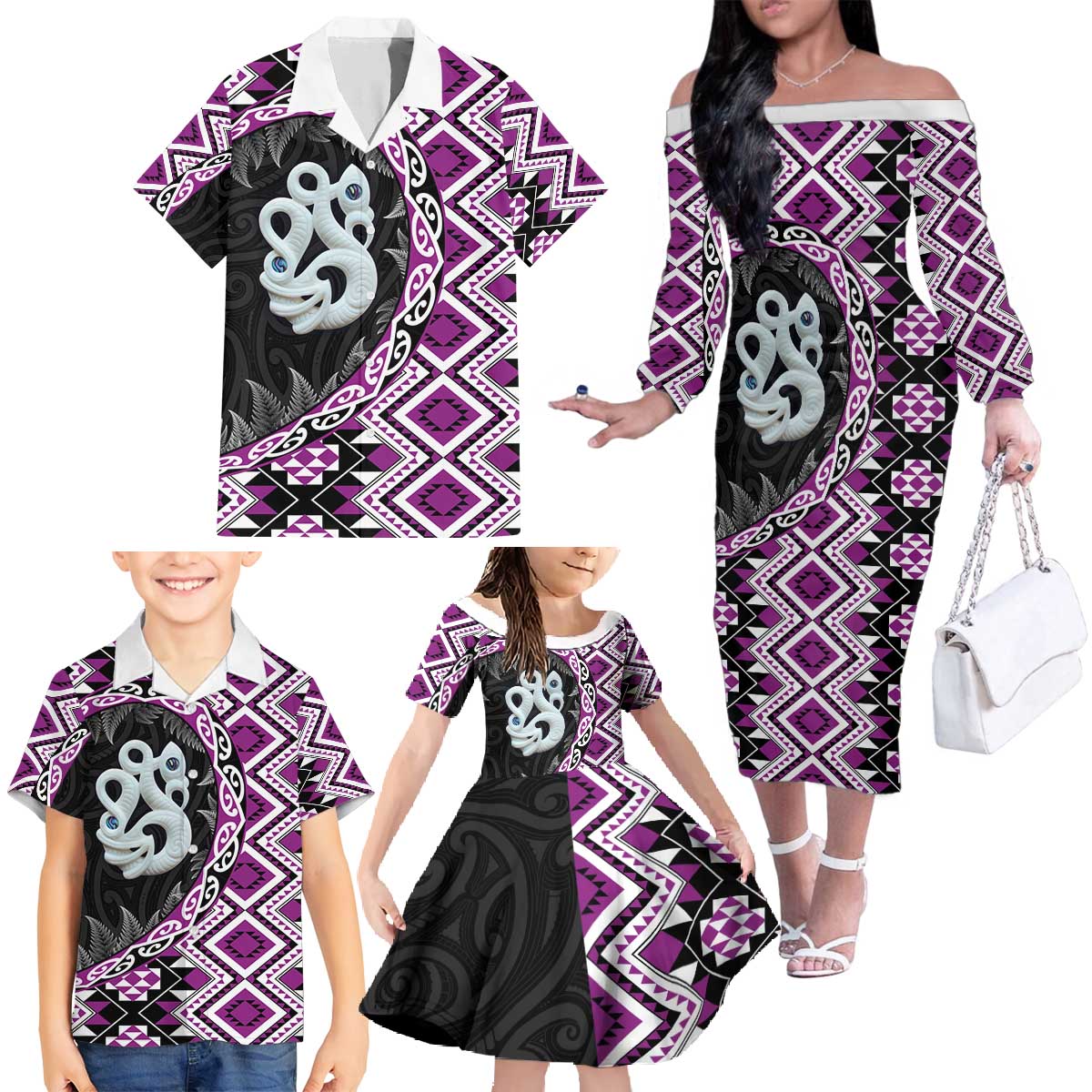 Purple Taniko Motif Aotearoa Manaia and Silver Fern Family Matching Off The Shoulder Long Sleeve Dress and Hawaiian Shirt LT03 - Polynesian Pride