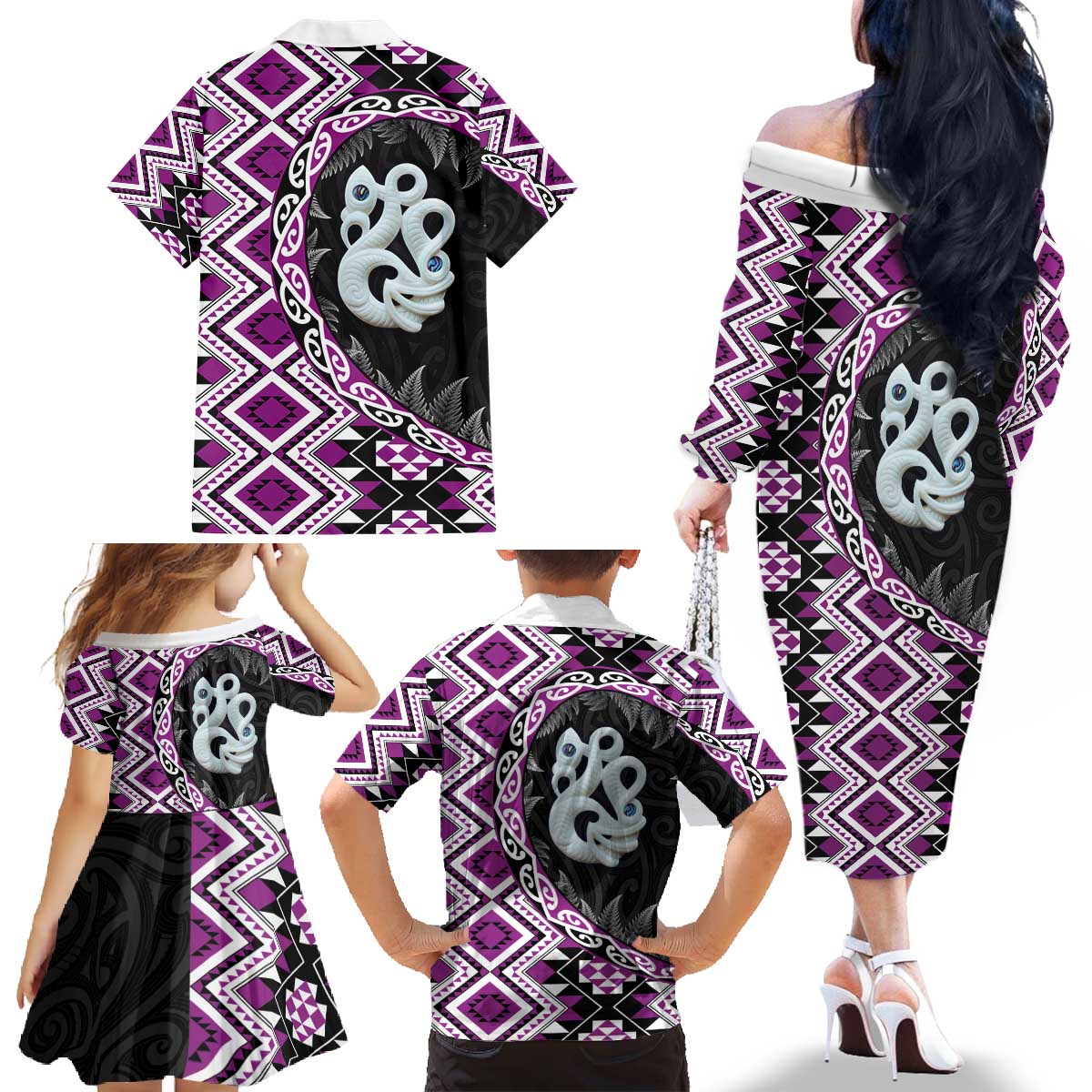 Purple Taniko Motif Aotearoa Manaia and Silver Fern Family Matching Off The Shoulder Long Sleeve Dress and Hawaiian Shirt LT03 - Polynesian Pride