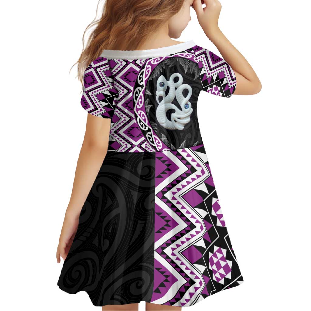 Purple Taniko Motif Aotearoa Manaia and Silver Fern Family Matching Off Shoulder Maxi Dress and Hawaiian Shirt LT03 - Polynesian Pride