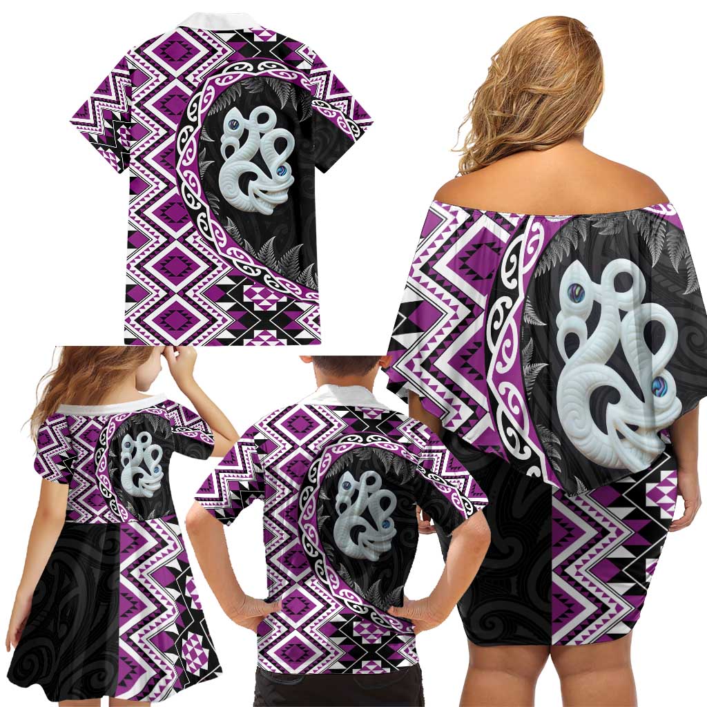 Purple Taniko Motif Aotearoa Manaia and Silver Fern Family Matching Off Shoulder Short Dress and Hawaiian Shirt LT03 - Polynesian Pride