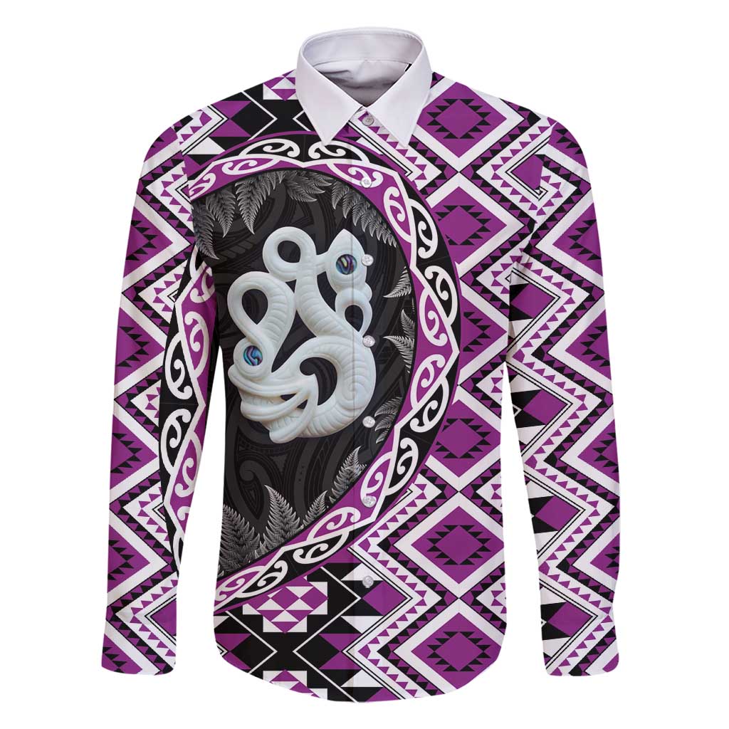 Purple Taniko Motif Aotearoa Manaia and Silver Fern Family Matching Off Shoulder Short Dress and Hawaiian Shirt LT03 Dad's Shirt - Long Sleeve Purple - Polynesian Pride
