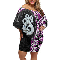 Purple Taniko Motif Aotearoa Manaia and Silver Fern Family Matching Off Shoulder Short Dress and Hawaiian Shirt LT03 Mom's Dress Purple - Polynesian Pride