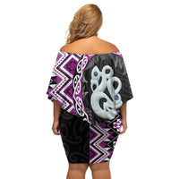 Purple Taniko Motif Aotearoa Manaia and Silver Fern Family Matching Off Shoulder Short Dress and Hawaiian Shirt LT03 - Polynesian Pride