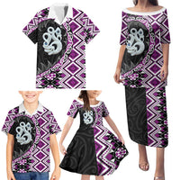 Purple Taniko Motif Aotearoa Manaia and Silver Fern Family Matching Puletasi and Hawaiian Shirt LT03 - Polynesian Pride