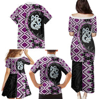 Purple Taniko Motif Aotearoa Manaia and Silver Fern Family Matching Puletasi and Hawaiian Shirt LT03 - Polynesian Pride