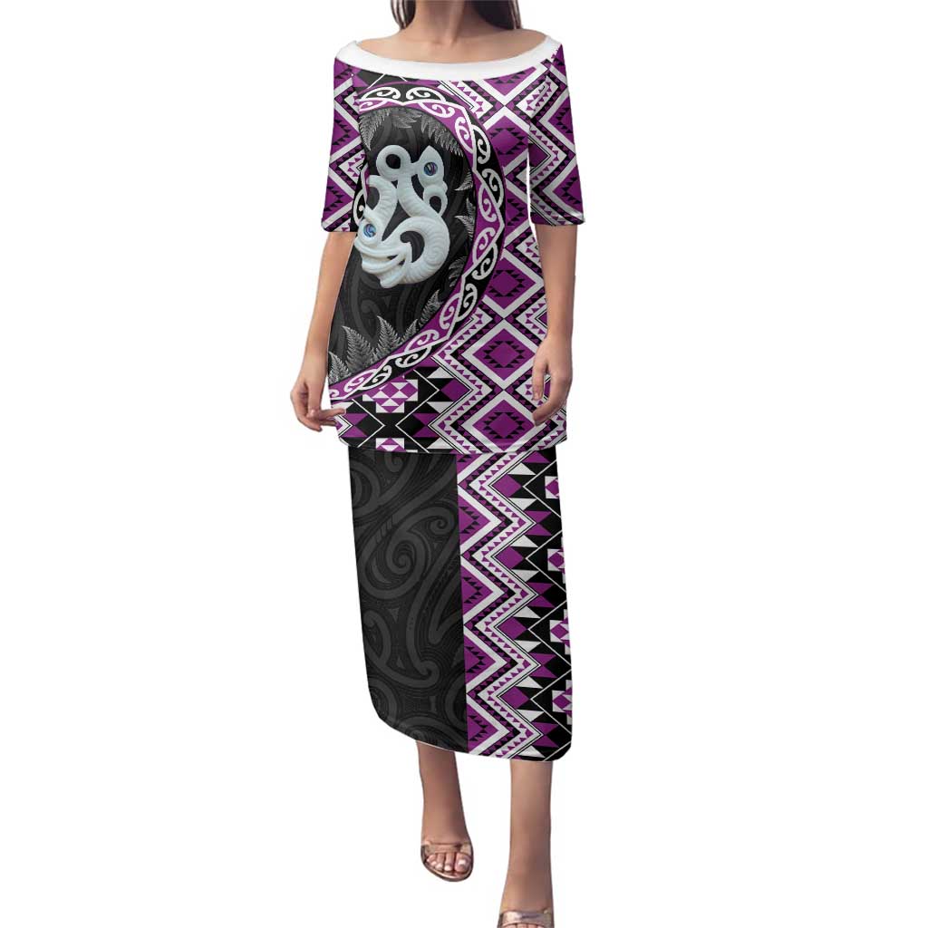 Purple Taniko Motif Aotearoa Manaia and Silver Fern Family Matching Puletasi and Hawaiian Shirt LT03 Mom's Dress Purple - Polynesian Pride