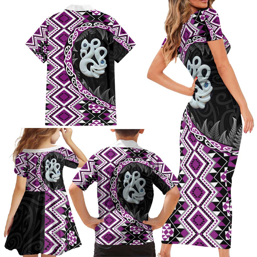 Purple Taniko Motif Aotearoa Manaia and Silver Fern Family Matching Short Sleeve Bodycon Dress and Hawaiian Shirt LT03 - Polynesian Pride