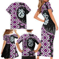 Purple Taniko Motif Aotearoa Manaia and Silver Fern Family Matching Short Sleeve Bodycon Dress and Hawaiian Shirt LT03 - Polynesian Pride