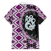 Purple Taniko Motif Aotearoa Manaia and Silver Fern Family Matching Short Sleeve Bodycon Dress and Hawaiian Shirt LT03 - Polynesian Pride