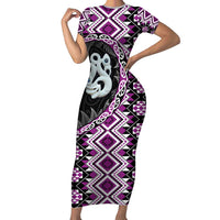 Purple Taniko Motif Aotearoa Manaia and Silver Fern Family Matching Short Sleeve Bodycon Dress and Hawaiian Shirt LT03 Mom's Dress Purple - Polynesian Pride