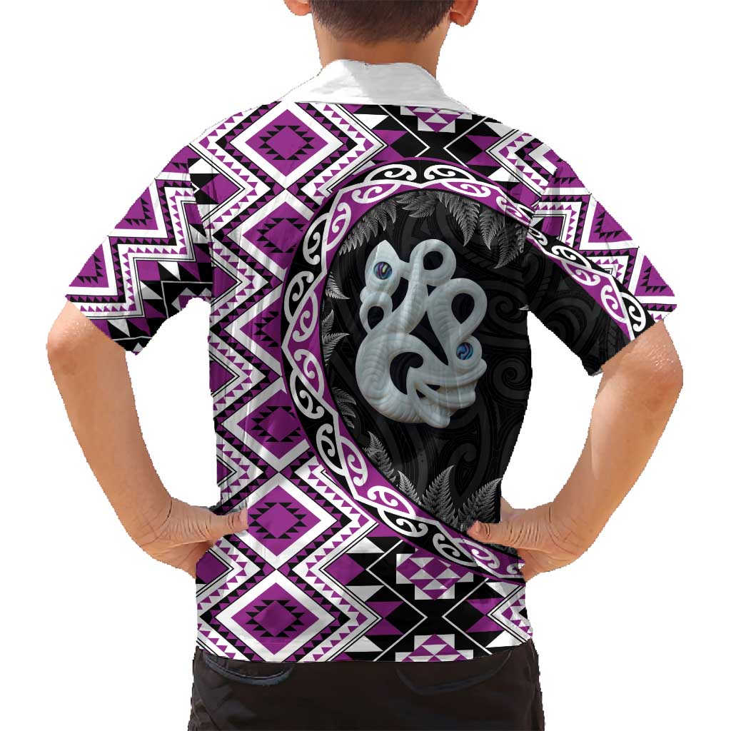 Purple Taniko Motif Aotearoa Manaia and Silver Fern Family Matching Summer Maxi Dress and Hawaiian Shirt LT03 - Polynesian Pride