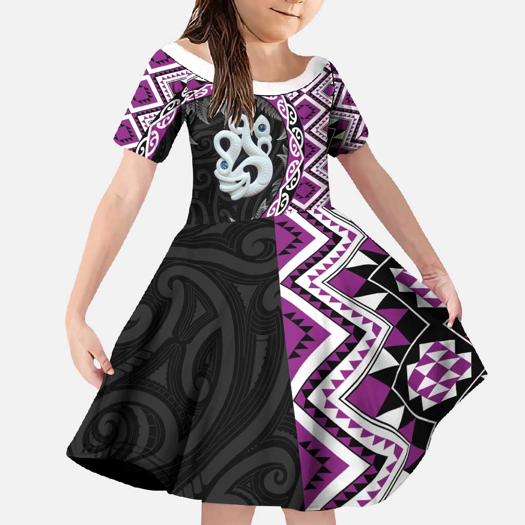 Purple Taniko Motif Aotearoa Manaia and Silver Fern Family Matching Summer Maxi Dress and Hawaiian Shirt LT03 Daughter's Dress Purple - Polynesian Pride