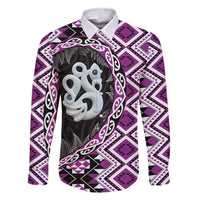 Purple Taniko Motif Aotearoa Manaia and Silver Fern Family Matching Summer Maxi Dress and Hawaiian Shirt LT03 Dad's Shirt - Long Sleeve Purple - Polynesian Pride