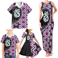 Purple Taniko Motif Aotearoa Manaia and Silver Fern Family Matching Tank Maxi Dress and Hawaiian Shirt LT03 - Polynesian Pride