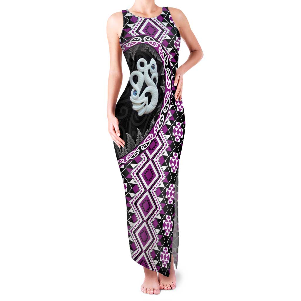 Purple Taniko Motif Aotearoa Manaia and Silver Fern Family Matching Tank Maxi Dress and Hawaiian Shirt LT03 Mom's Dress Purple - Polynesian Pride