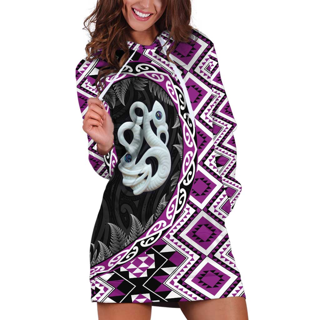 Purple Taniko Motif Aotearoa Manaia and Silver Fern Hoodie Dress LT03 Purple - Polynesian Pride