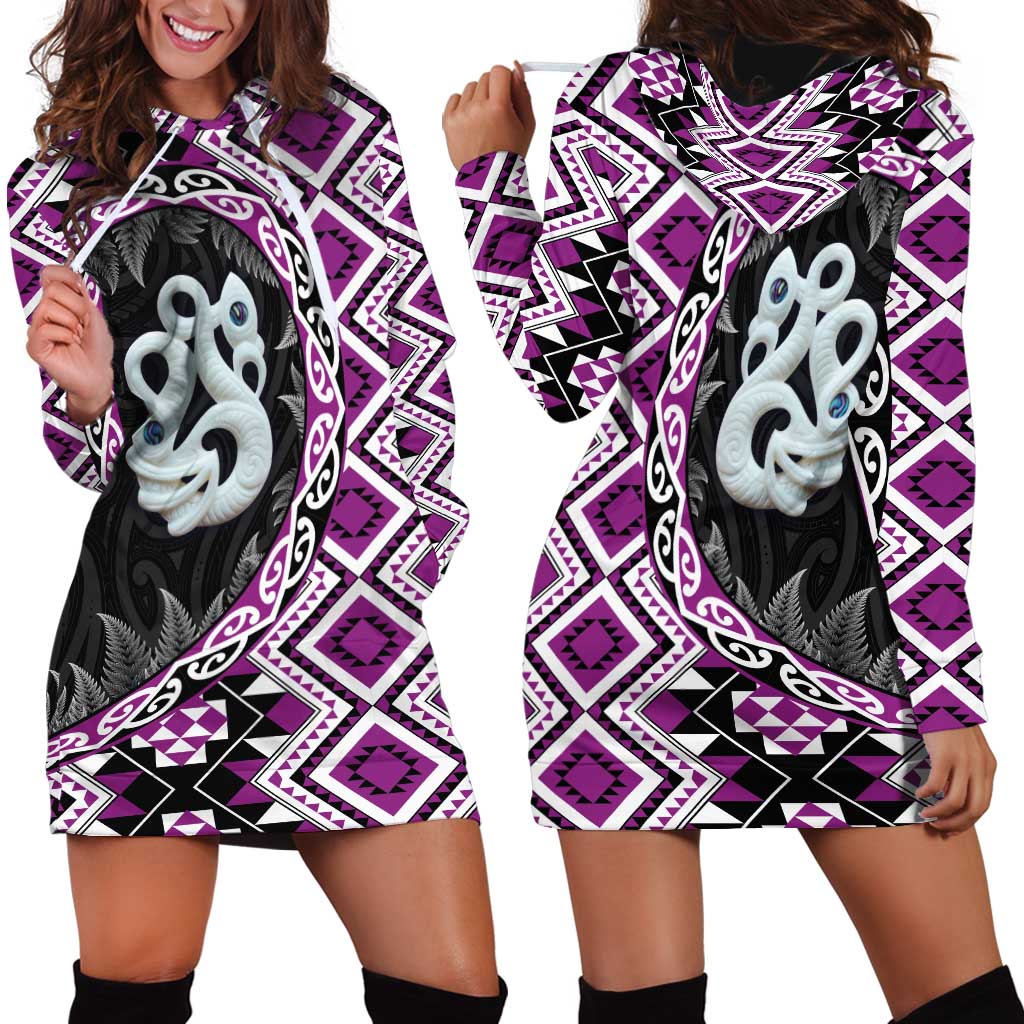 Purple Taniko Motif Aotearoa Manaia and Silver Fern Hoodie Dress LT03 - Polynesian Pride