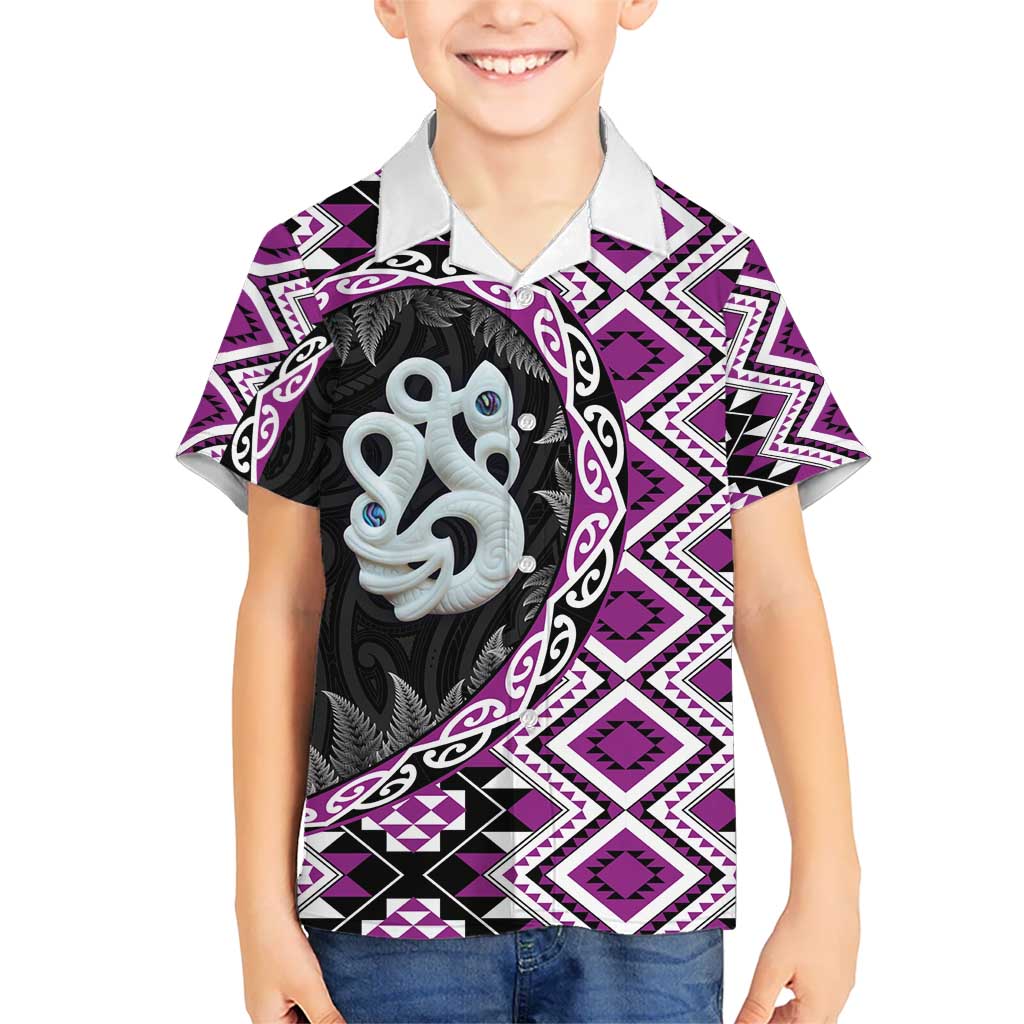 Purple Taniko Motif Aotearoa Manaia and Silver Fern Kid Hawaiian Shirt LT03 Kid Purple - Polynesian Pride