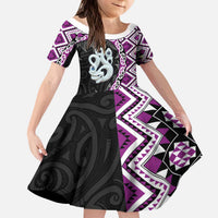 Purple Taniko Motif Aotearoa Manaia and Silver Fern Kid Short Sleeve Dress LT03 KID Purple - Polynesian Pride