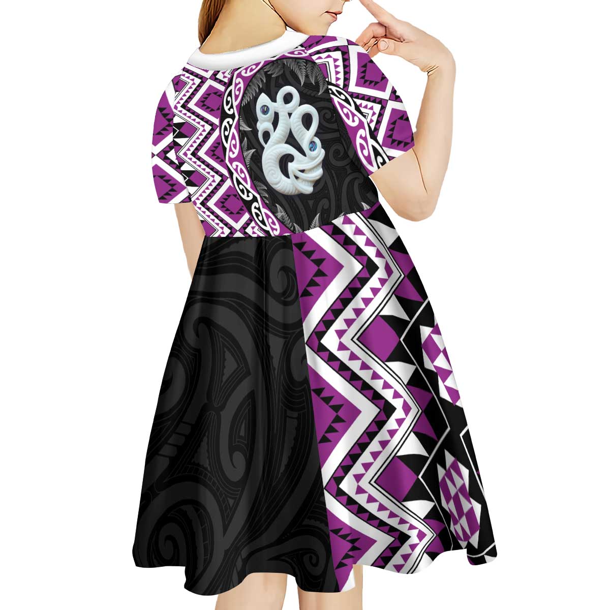 Purple Taniko Motif Aotearoa Manaia and Silver Fern Kid Short Sleeve Dress LT03 - Polynesian Pride