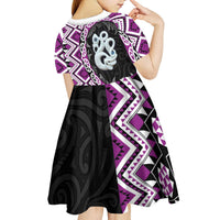 Purple Taniko Motif Aotearoa Manaia and Silver Fern Kid Short Sleeve Dress LT03 - Polynesian Pride
