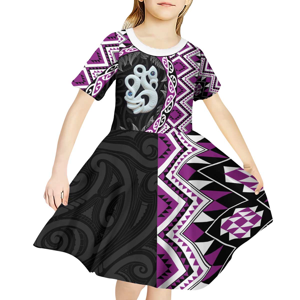 Purple Taniko Motif Aotearoa Manaia and Silver Fern Kid Short Sleeve Dress LT03 - Polynesian Pride