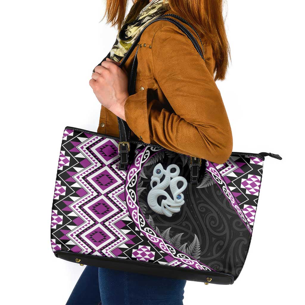 Purple Taniko Motif Aotearoa Manaia and Silver Fern Leather Tote Bag LT03 Purple - Polynesian Pride