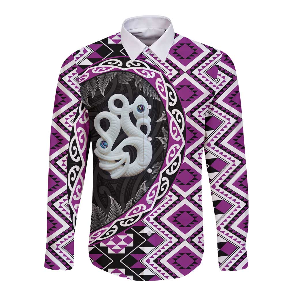 Purple Taniko Motif Aotearoa Manaia and Silver Fern Long Sleeve Button Shirt