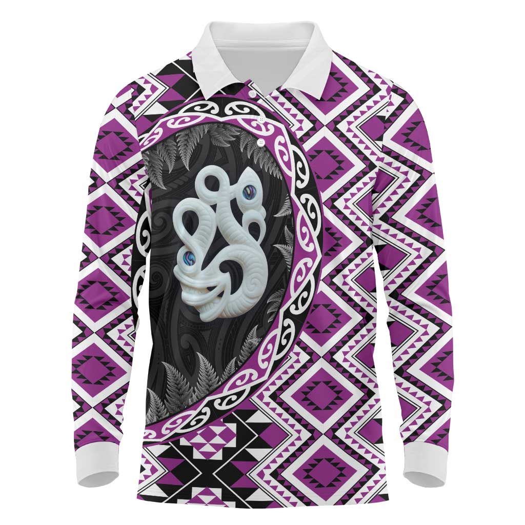 Purple Taniko Motif Aotearoa Manaia and Silver Fern Long Sleeve Polo Shirt LT03 Purple - Polynesian Pride