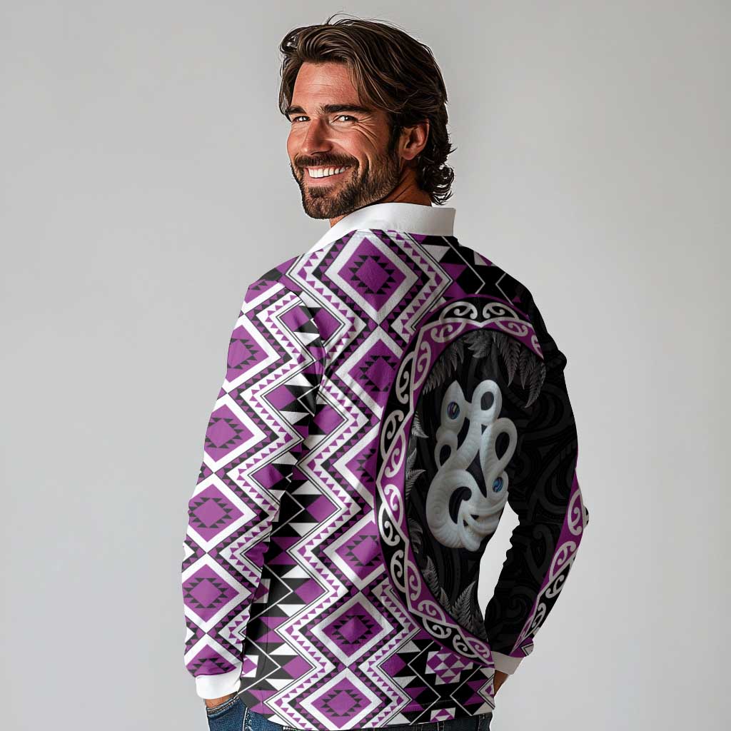 Purple Taniko Motif Aotearoa Manaia and Silver Fern Long Sleeve Polo Shirt LT03 - Polynesian Pride