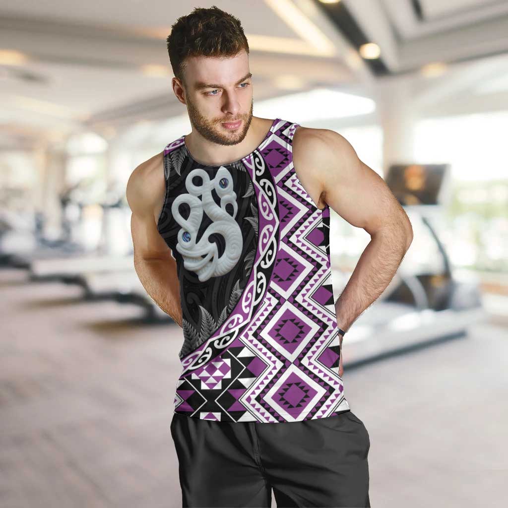 Purple Taniko Motif Aotearoa Manaia and Silver Fern Men Tank Top LT03 Purple - Polynesian Pride