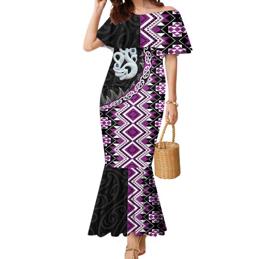 Purple Taniko Motif Aotearoa Manaia and Silver Fern Mermaid Dress LT03 Women Purple - Polynesian Pride