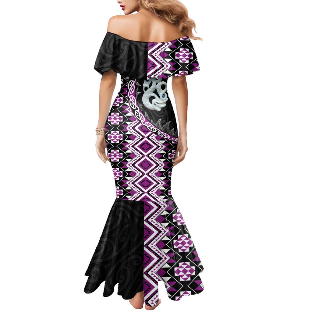 Purple Taniko Motif Aotearoa Manaia and Silver Fern Mermaid Dress LT03 - Polynesian Pride
