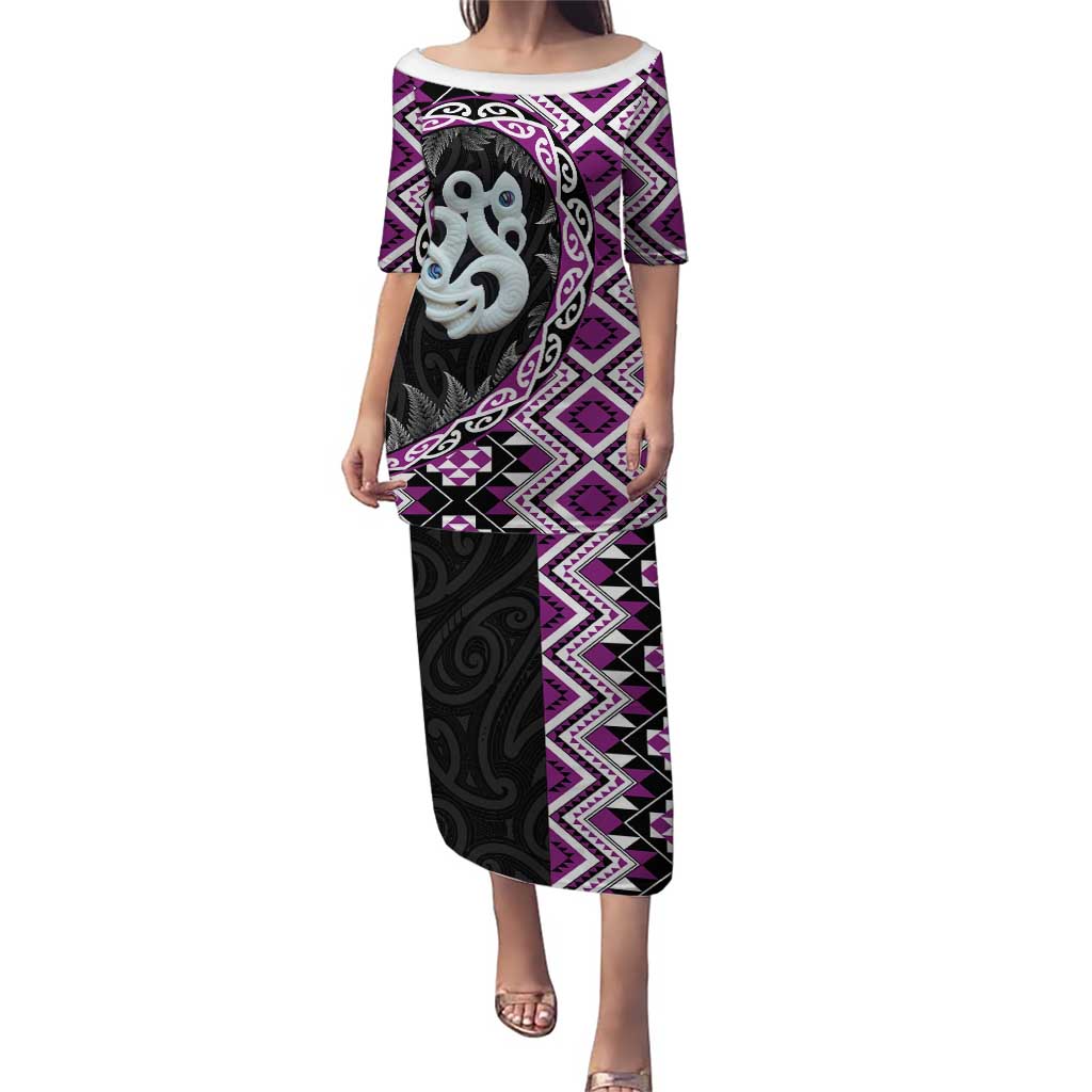 Purple Taniko Motif Aotearoa Manaia and Silver Fern Puletasi LT03 Long Dress Purple - Polynesian Pride