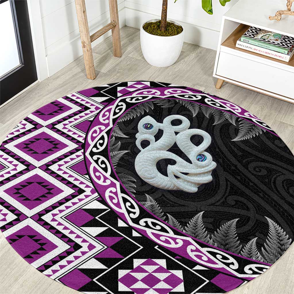 Purple Taniko Motif Aotearoa Manaia and Silver Fern Round Carpet LT03 Purple - Polynesian Pride