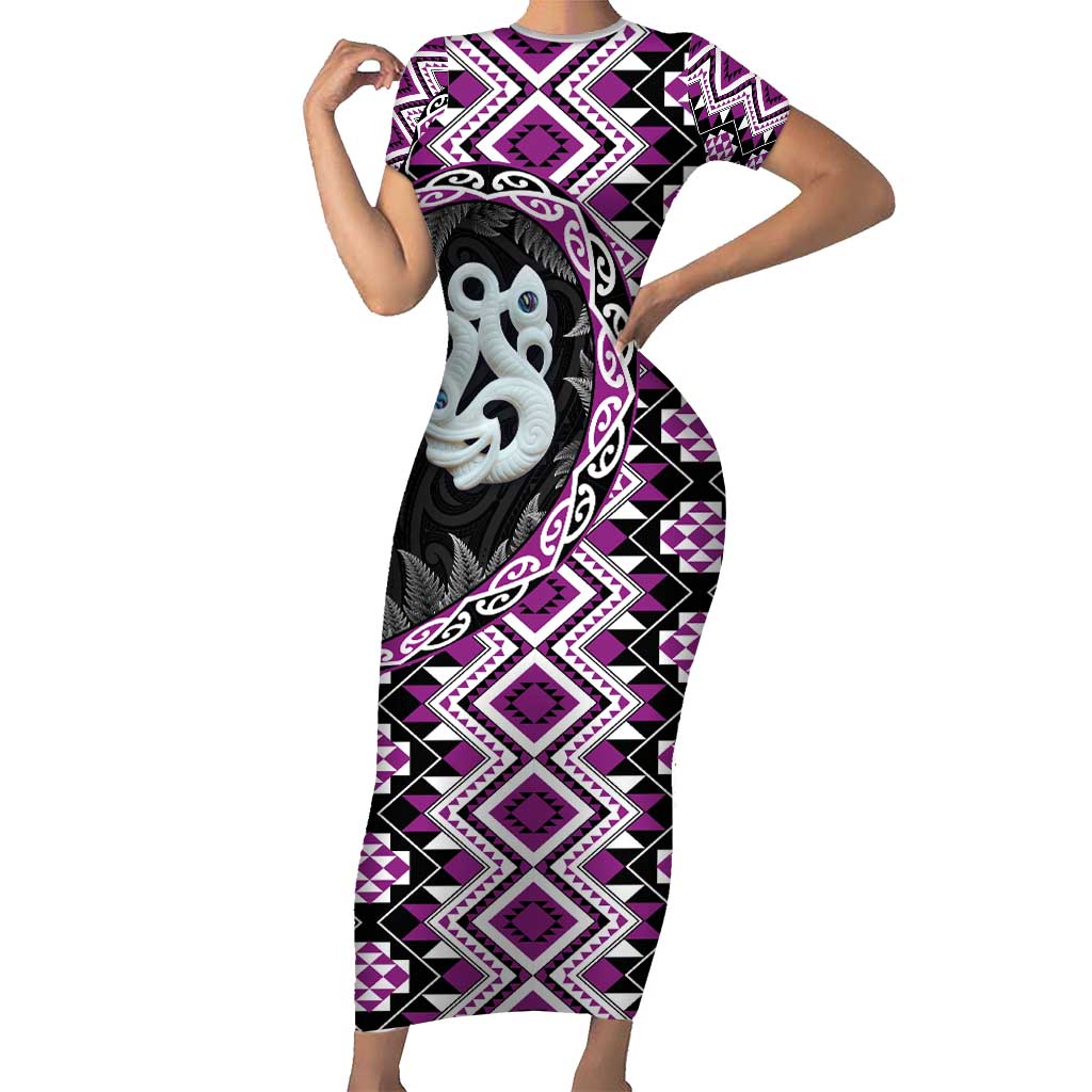 Purple Taniko Motif Aotearoa Manaia and Silver Fern Short Sleeve Bodycon Dress LT03 Long Dress Purple - Polynesian Pride