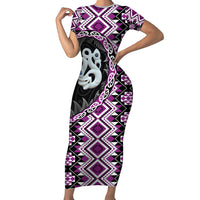 Purple Taniko Motif Aotearoa Manaia and Silver Fern Short Sleeve Bodycon Dress LT03 Long Dress Purple - Polynesian Pride