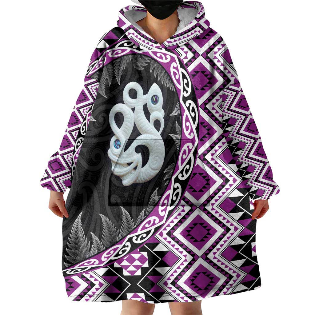 Purple Taniko Motif Aotearoa Manaia and Silver Fern Wearable Blanket Hoodie LT03 - Polynesian Pride