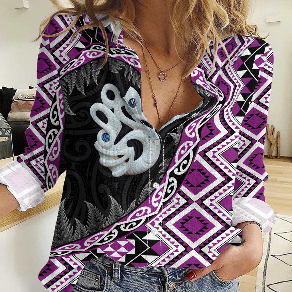 Purple Taniko Motif Aotearoa Manaia and Silver Fern Women Casual Shirt LT03 Female Purple - Polynesian Pride